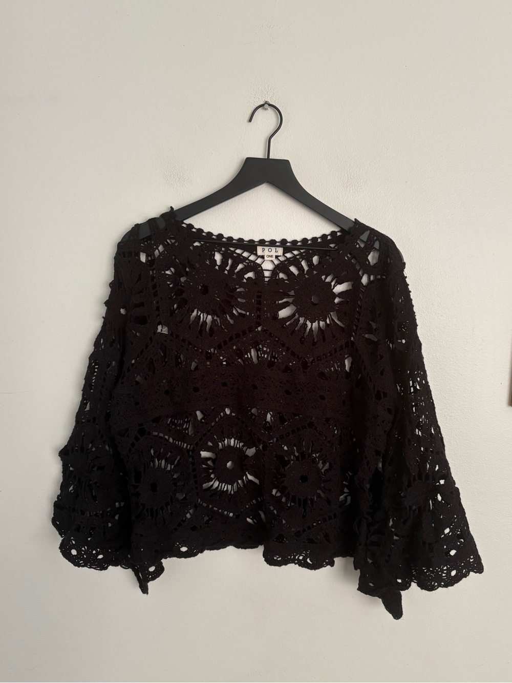 POL Black Crochet Top Open Weave Boho Western Layer Sweater Women’s One Size